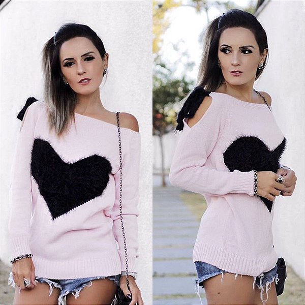 Blusa em tricot rose com coração black