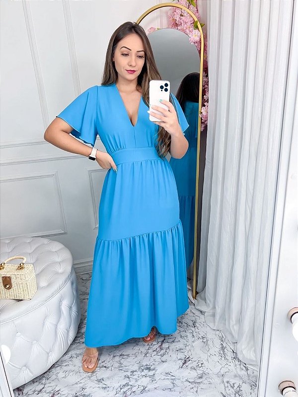 Vestido longo em crepe duna - azul