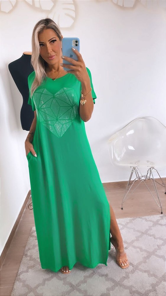 Vestido longo de manguinhas com aplicação brilhante - verde - coração