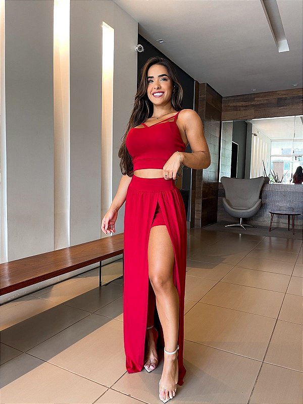 Conjunto saia longa com fenda e Cropped com bojo Lua - Vermelho
