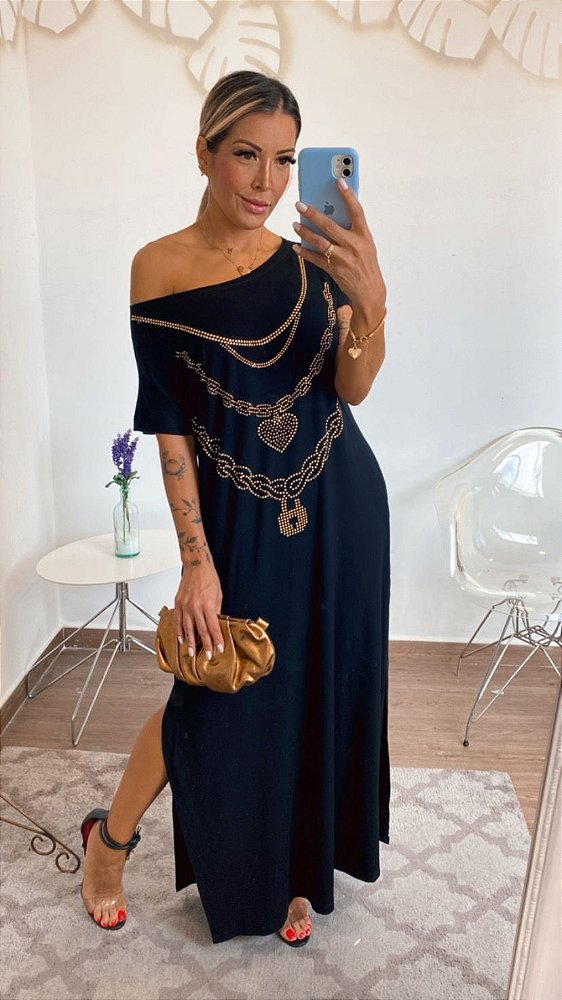 Vestido longo azul marinho com cristais correntes dourada - Madame Ninna -  loja online de confeccções femininas
