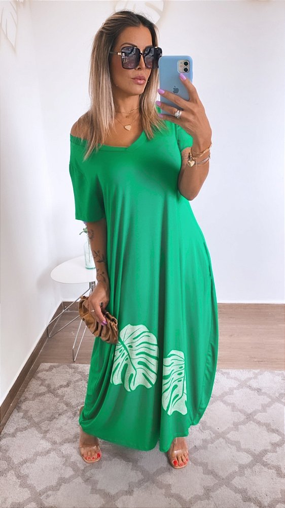 Vestido longo em malha folhagens na cor Verde - Madame Ninna - loja online  de confeccções femininas