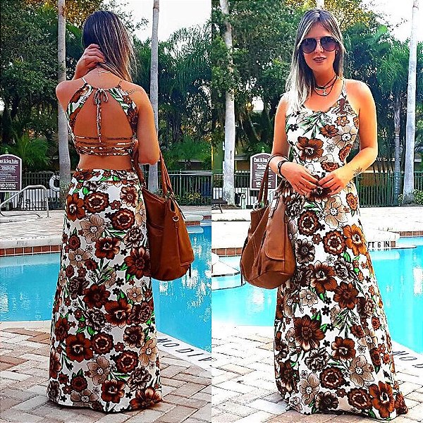 Vestido regata em tiras com recorte e estampa floral marrom