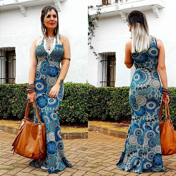 Vestido longo mandala na cor azul