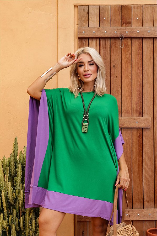Vestido Geometrico plus em Malha premium - verde e lilás