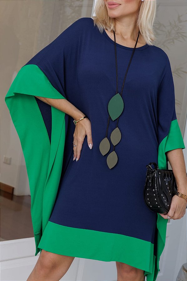 Vestido Geometrico plus em Malha premium - Azul marinho e verde