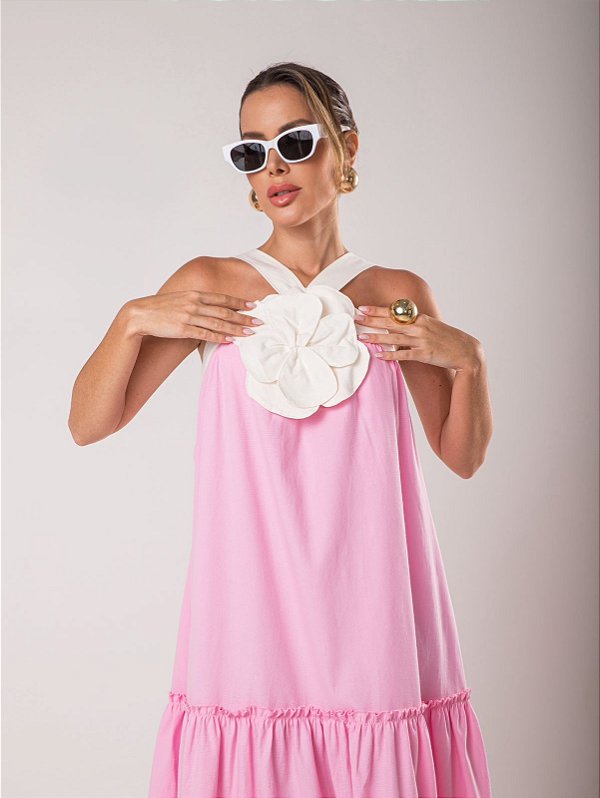 Vestido longo Fabuloso com detalhe de flor 3D - Rosa / Off white