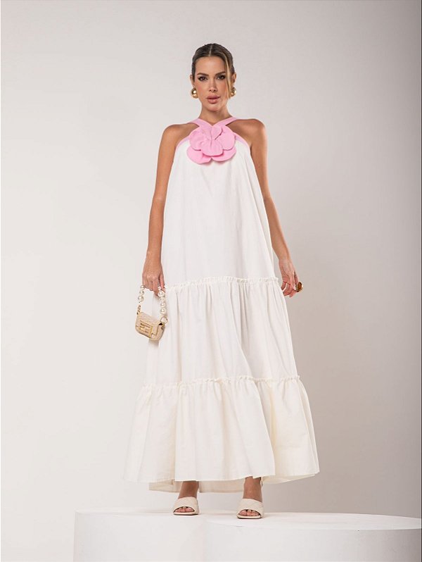 Vestido longo Fabuloso com detalhe de flor 3D - Off white/ Rosa