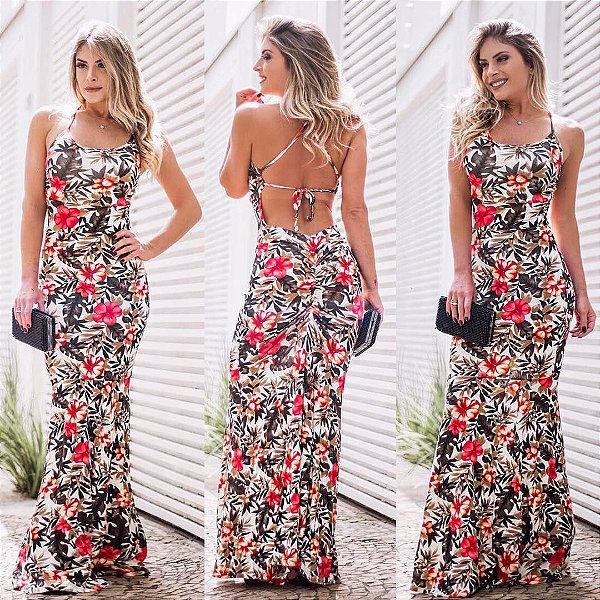 Vestido estampa flores vermelhas com decote nas cotas