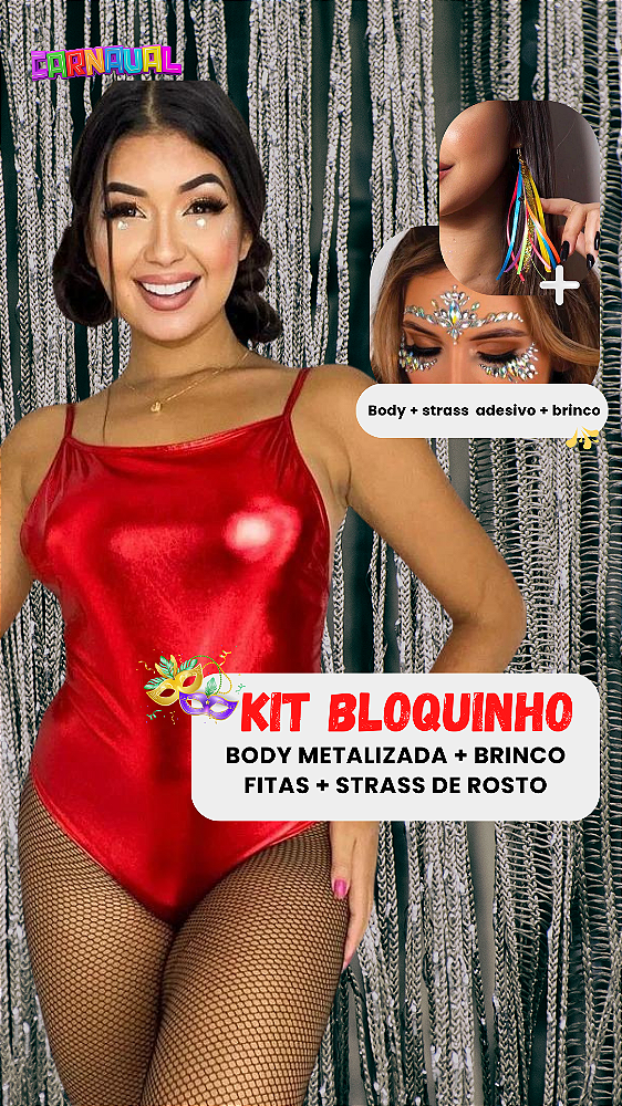 Kit Bloquinho carnaval: Body Metalizada + Strass de rosto + Brinco de fitas maravilhosos