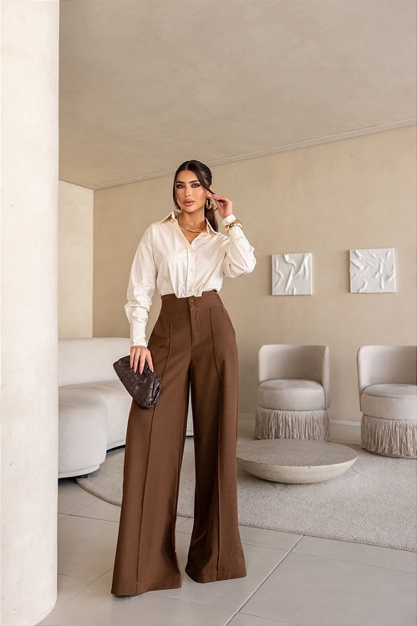 Calça Pantalona Alfaiataria Bela - Marrom