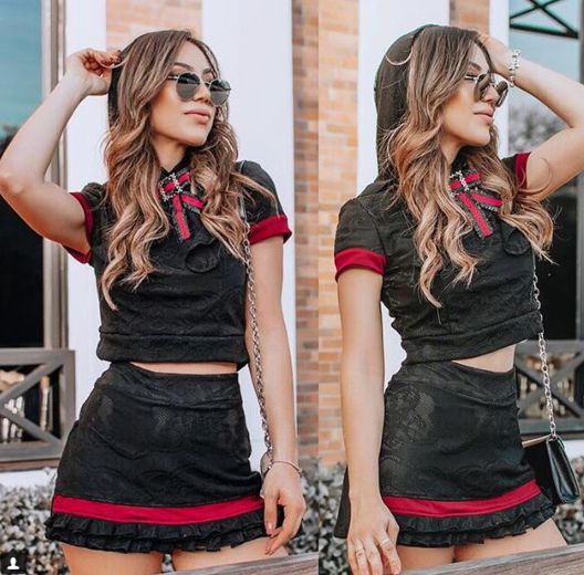 Conjuntinho rendado com short saia - Preto e vermelho