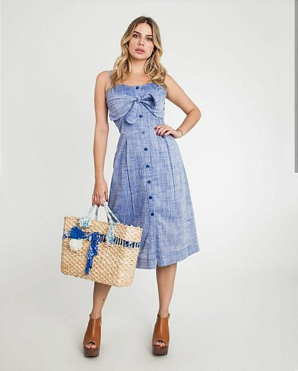 Vestido midi em linho com detalhe no busto  - azul