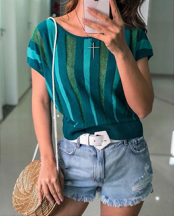 Cropped em tricot modal e transparência - Verde