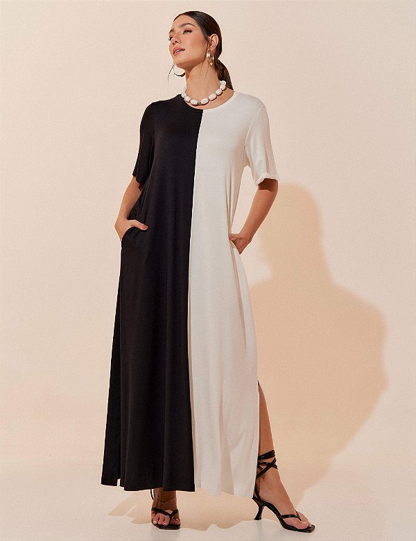 Vestido bicolor Helena - Preto e Offwhite