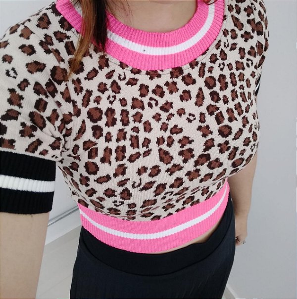 Cropped em tricot modal de oncinha - Rosa neon
