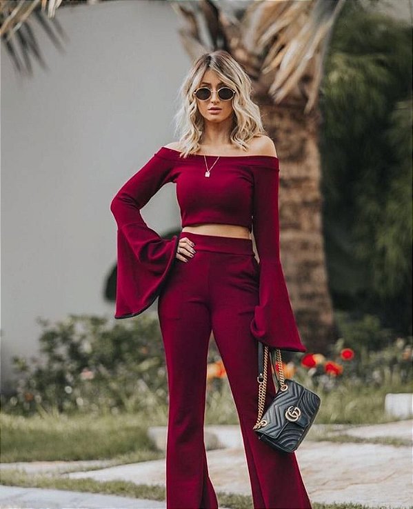 Conjunto flare ombro a ombro - Marsala