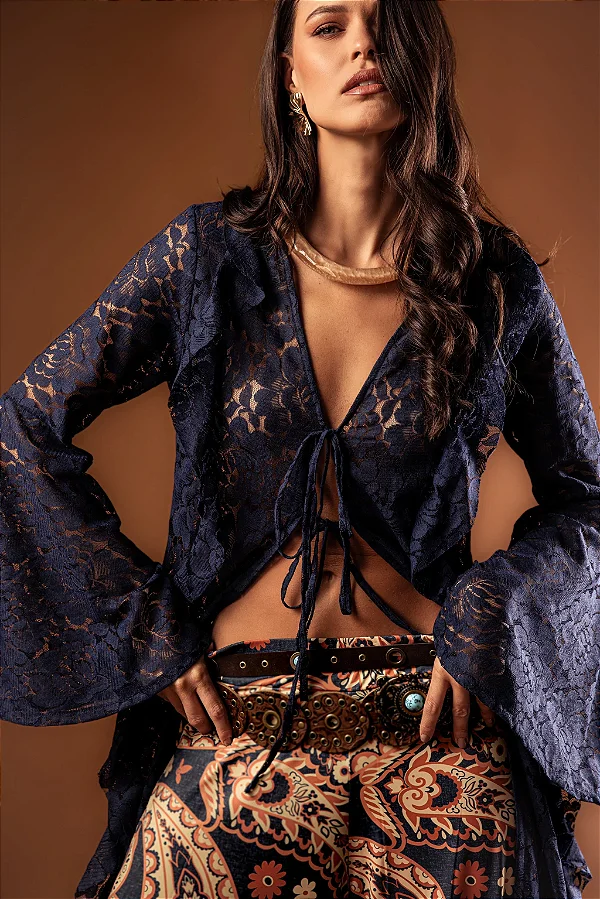 Blusa tunica azul marinho boho