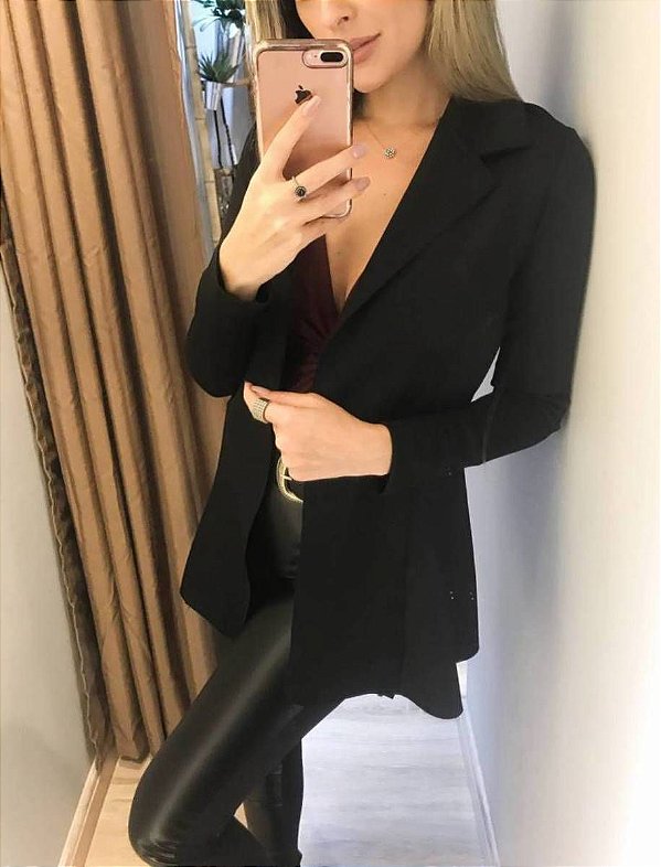 Maxi blazer em neoprene - Preto