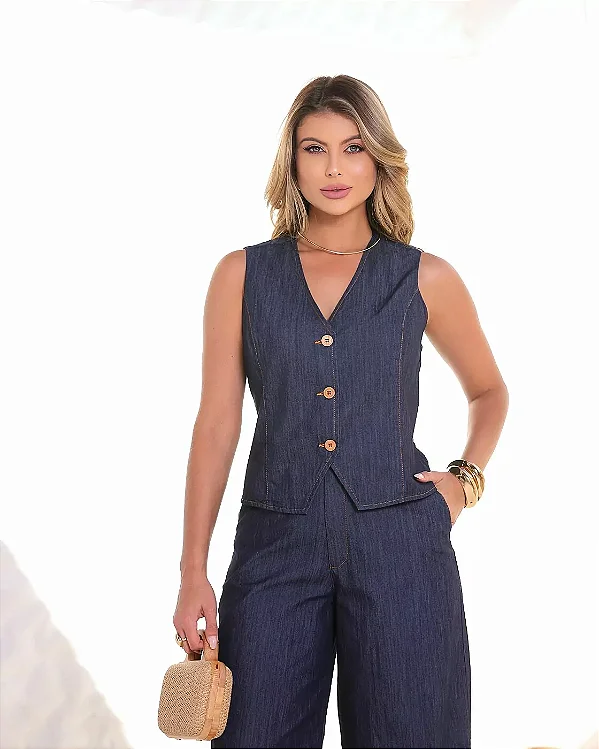 Colete jeans 3 botões