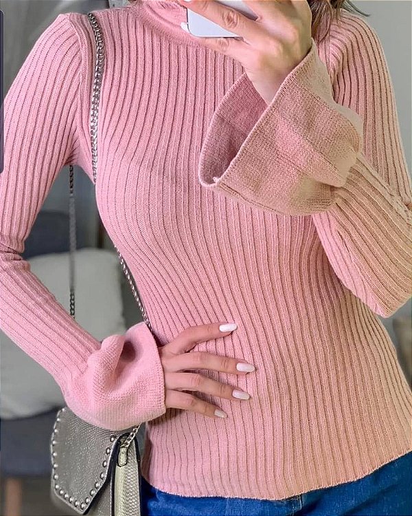 Blusa manga longa em tricot canelado com manga flare - Rosê