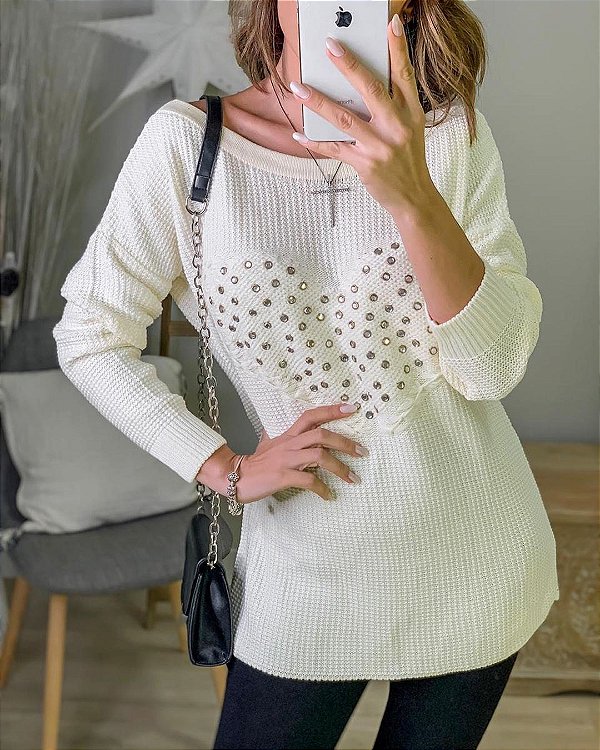 Blusa de tricot com aplicações de pedras - Off white