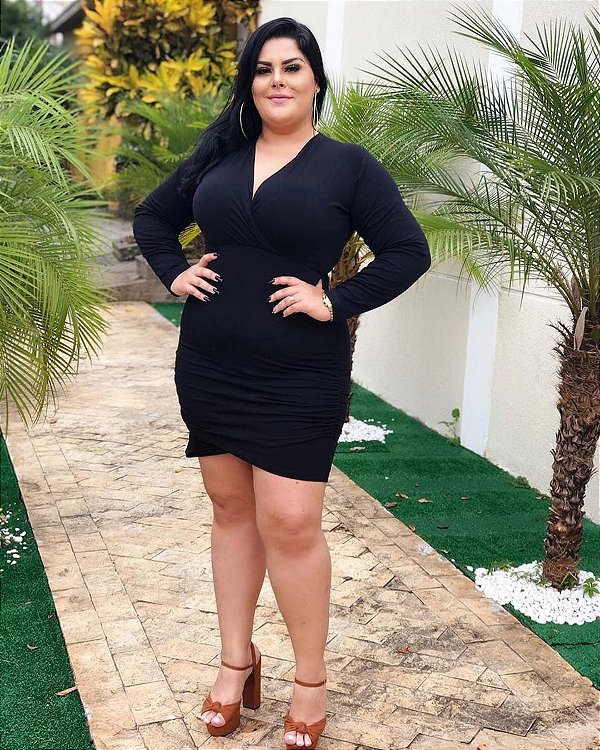 Vestido drapeado em malha - Plus size (44 ao 48) - Preto