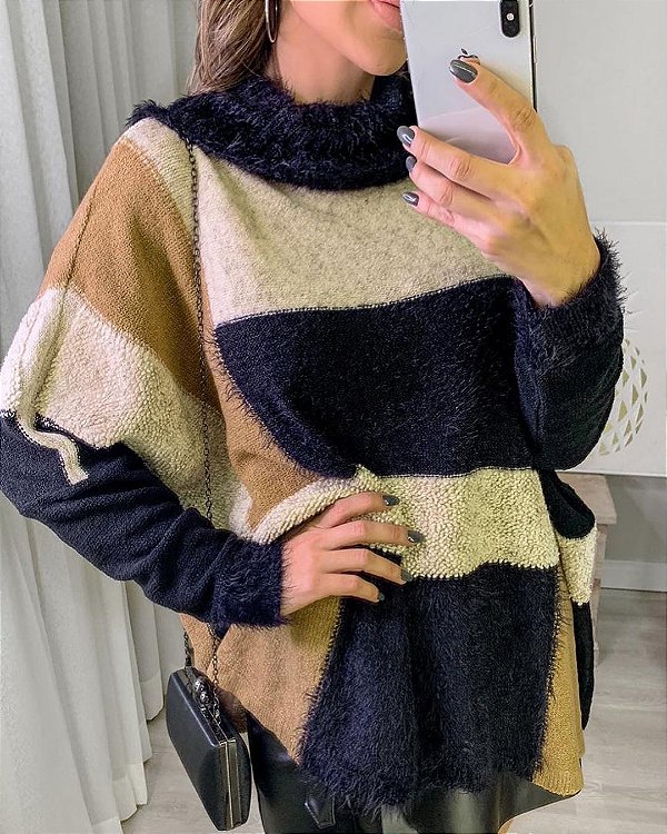 Poncho tricot em fio mousse - Bege