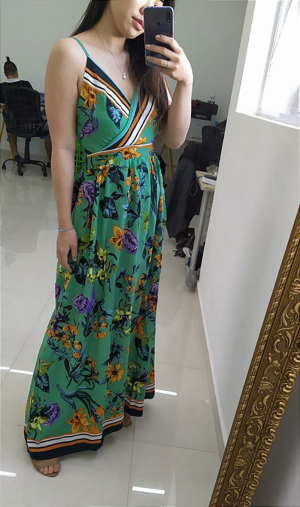 Vestido longo com estampa floral - Verde - Tamanho P