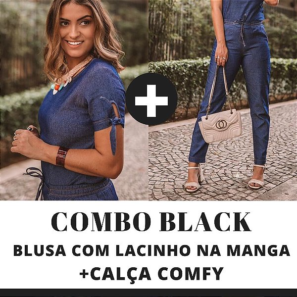 COMBO BLACK - Blusa manga com lacinho + Calça Comfy jeans