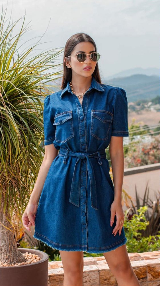 Vestido jeans manga princesa com botões encapados