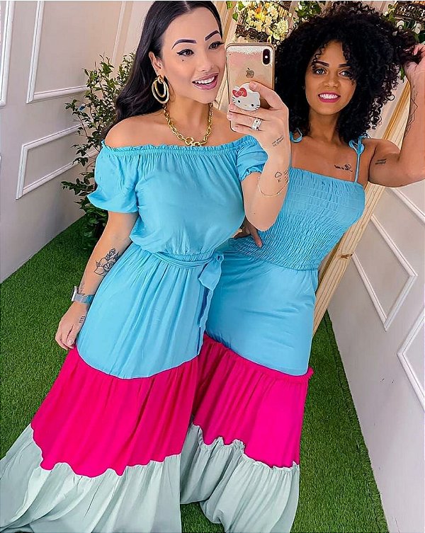 Vestido longo colors blue+pink+green com elastex