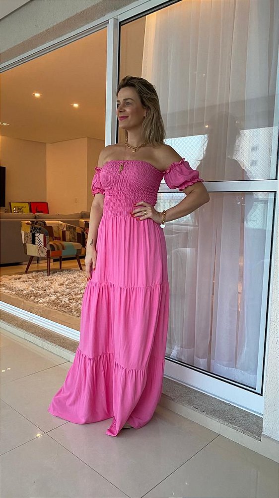 Vestido Longo rosa com Elastex