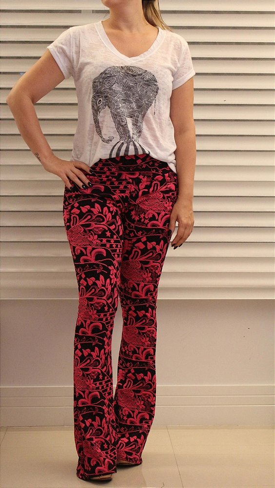 Calça flare em jacquard com estampa preta e pink