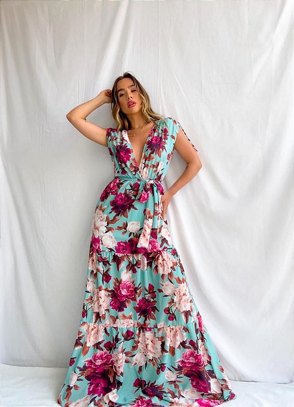 Vestido Longo - Floral com Menta