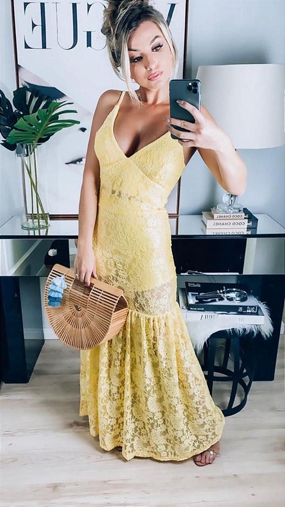 Vestido Sereia em renda - Amarelo