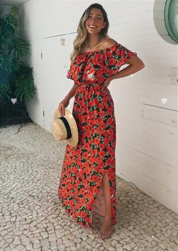 Vestido longo - Floral Vermelho