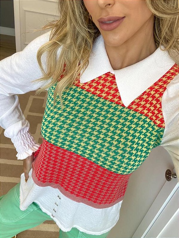 Blusa em tricot faixa colors com gola e manga longa branca