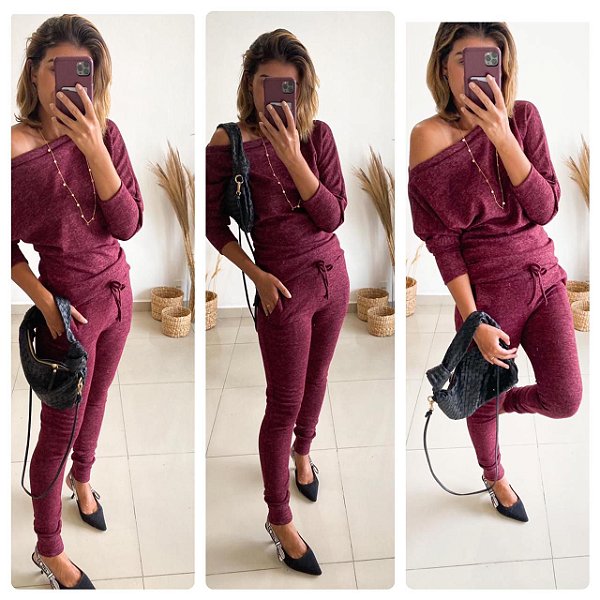 Conjunto confortável Melina em lãzinha com calça e blusa na cor vinho