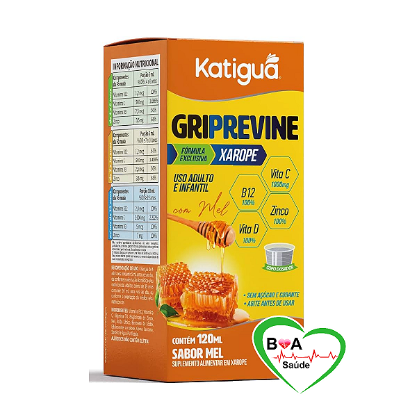 GRIPREVINE XAROPE 120 ML  VITAMINAS C B12 VITAMINA D E ZINCO  SEM ACUCAR SABOR MEL KATIGUA BOA SAUDE