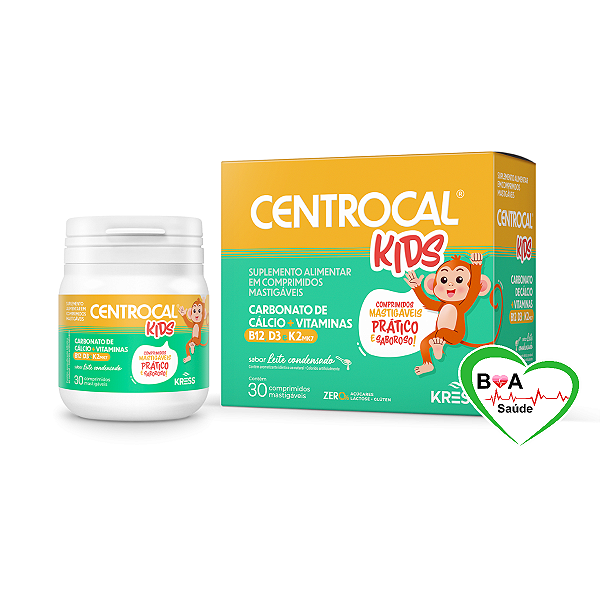 CENTROCAL KIDS C/ 30 CP CARBONATO DE CALCIO VITAMINA B12 D3 K2 KRESS