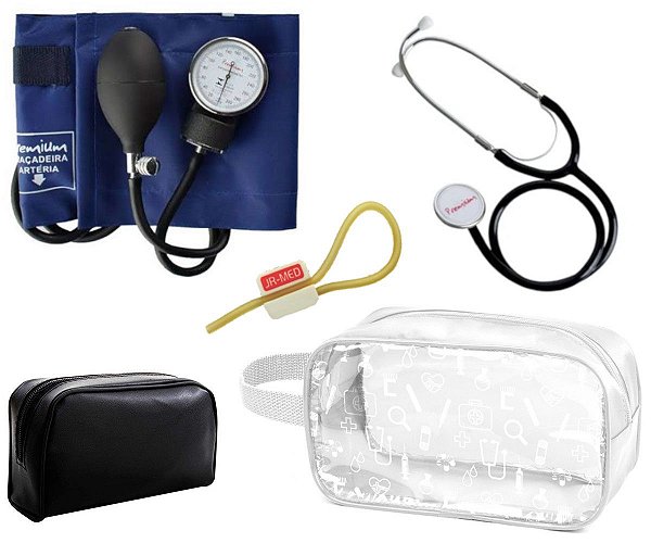 Kit Estágio Material de Enfermagem Aparelho de Pressão Esfigmomanômetro com Estetoscópio Simples Premium + Necessaire