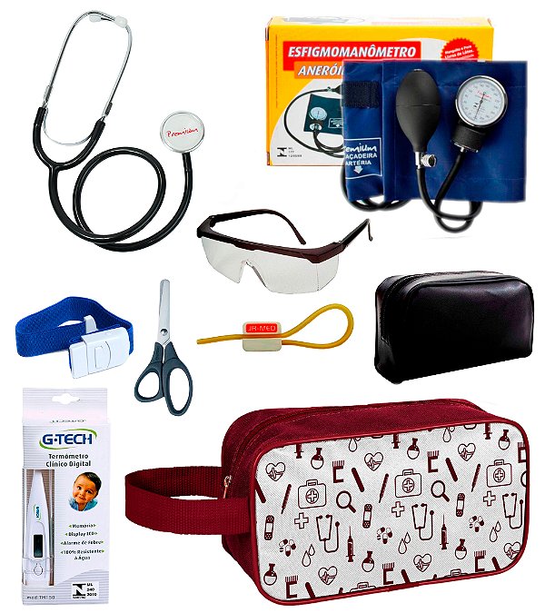Kit Material de Enfermagem Aparelho de Pressão Esfigmomanômetro com Estetoscópio Simples Premium + Necessaire Estágio