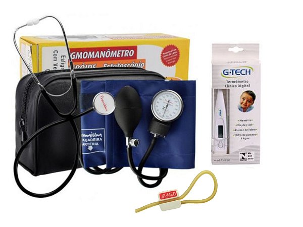 Kit Aparelho De Pressão Esfigmomanometro + Estetoscópio Simples Premium + Termômetro + Garrote Brinde