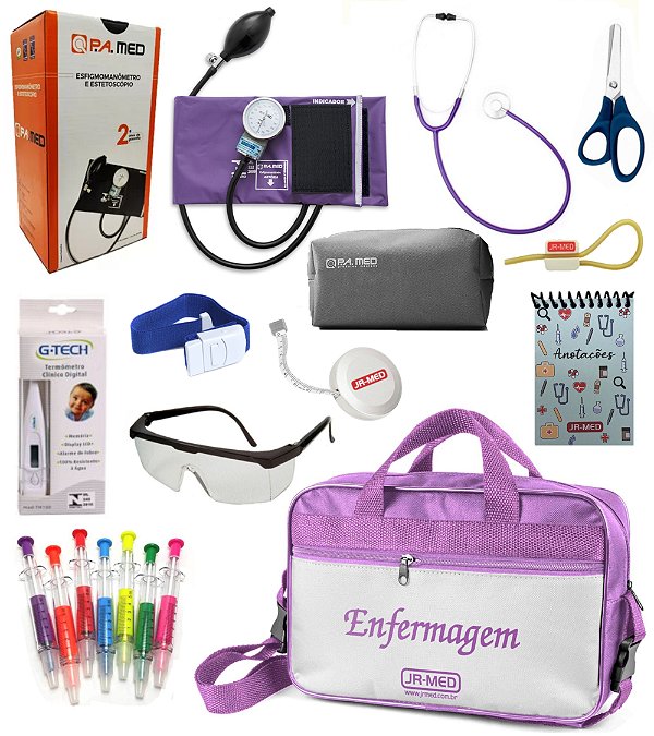 Kit Material de Enfermagem Aparelho De Pressão + Estetoscópio UNISSON/ SIMPLES - P.A MED - Completo - Bolsa JRMED