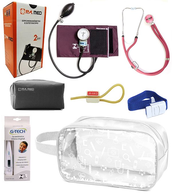 Kit Material de Enfermagem Esfigmomanômetro/Aparelho de Pressão com Estetoscópio Duplo Rappaport P A MED Completo  + Nécessaire Transparente