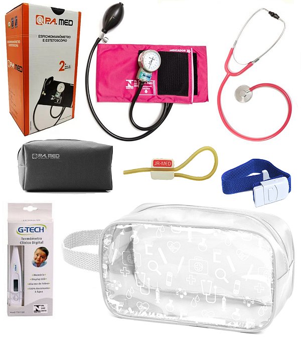Kit Material de Enfermagem Esfigmomanômetro/Aparelho de Pressão com Estetoscópio UNISSON/SIMPLES P A MED Completo  + Nécessaire Transparente