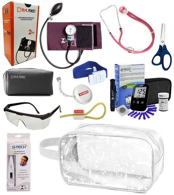 Kit Material de Enfermagem Aparelho de Pressão com Estetoscópio Duplo Rappaport P A MED Completo + Medidor de Glicose + Nécessaire Transparente