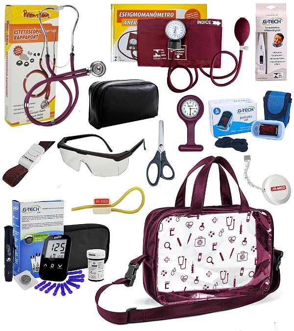 Kit Enfermagem Completo com Aparelho e Estetoscópio Premium Glicose G-tech + Oxímetro G-tech + Bolsa Transparente Colorida