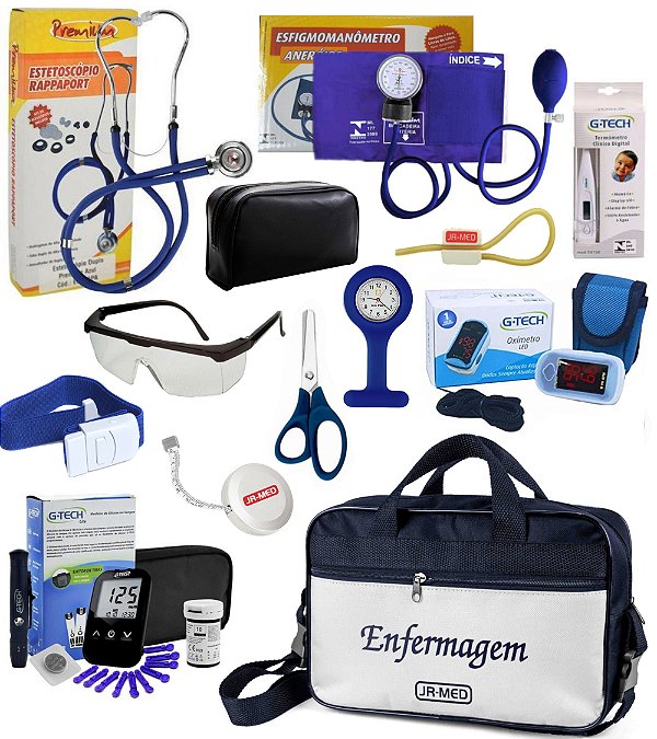 Kit Enfermagem Completo com Aparelho e Estetoscópio Premium Glicose G-tech + Oxímetro G-tech + Bolsa Estágio